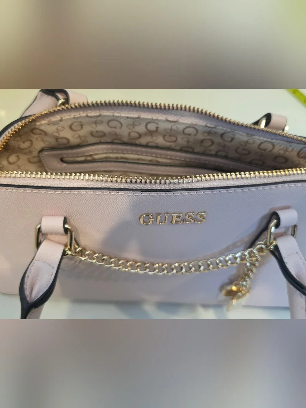 GUESS Blush Pink Saffiano Satchel - Elegant Chain Accent